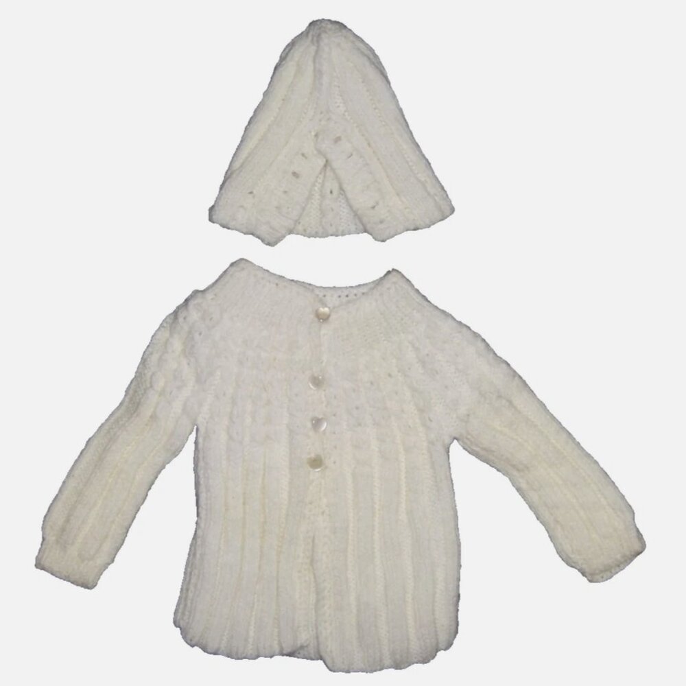 Vintage 80s Hand Knit Baby Cardigan Sweater and Hat Set w/ Pearl Heart Buttons
